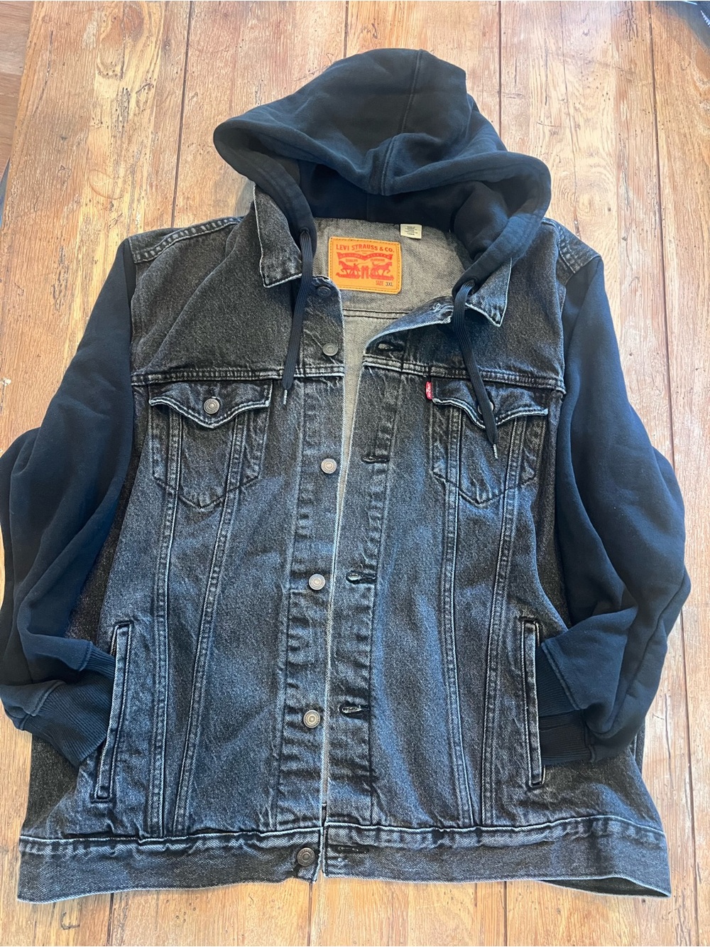 Levi's Black Hooded Denim Jacket with Sweatshirt Sleeves and Hood Vintage